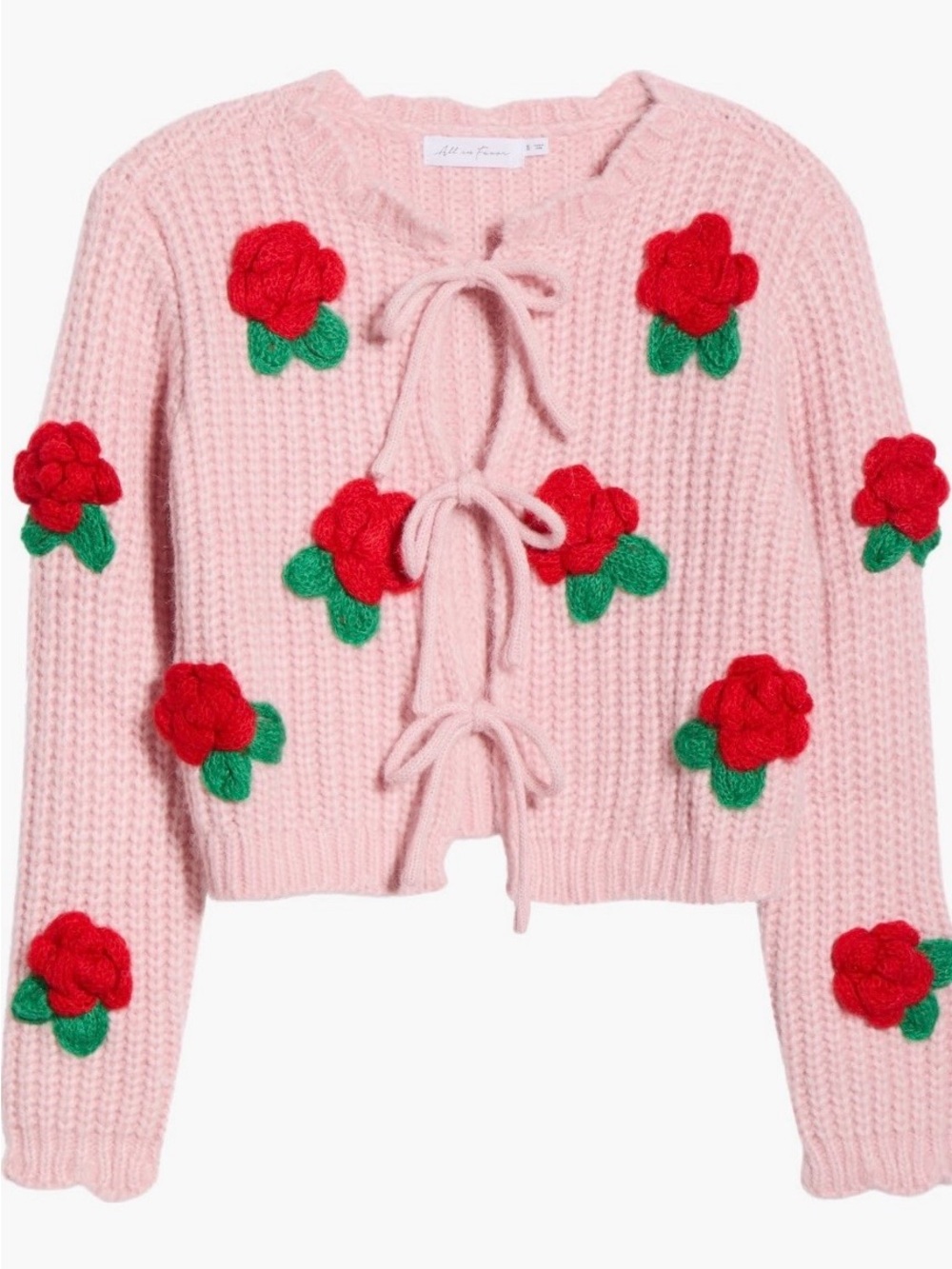 NWT All in Favor pink 3D Flower Chunky Tie Front Cardigan - XS